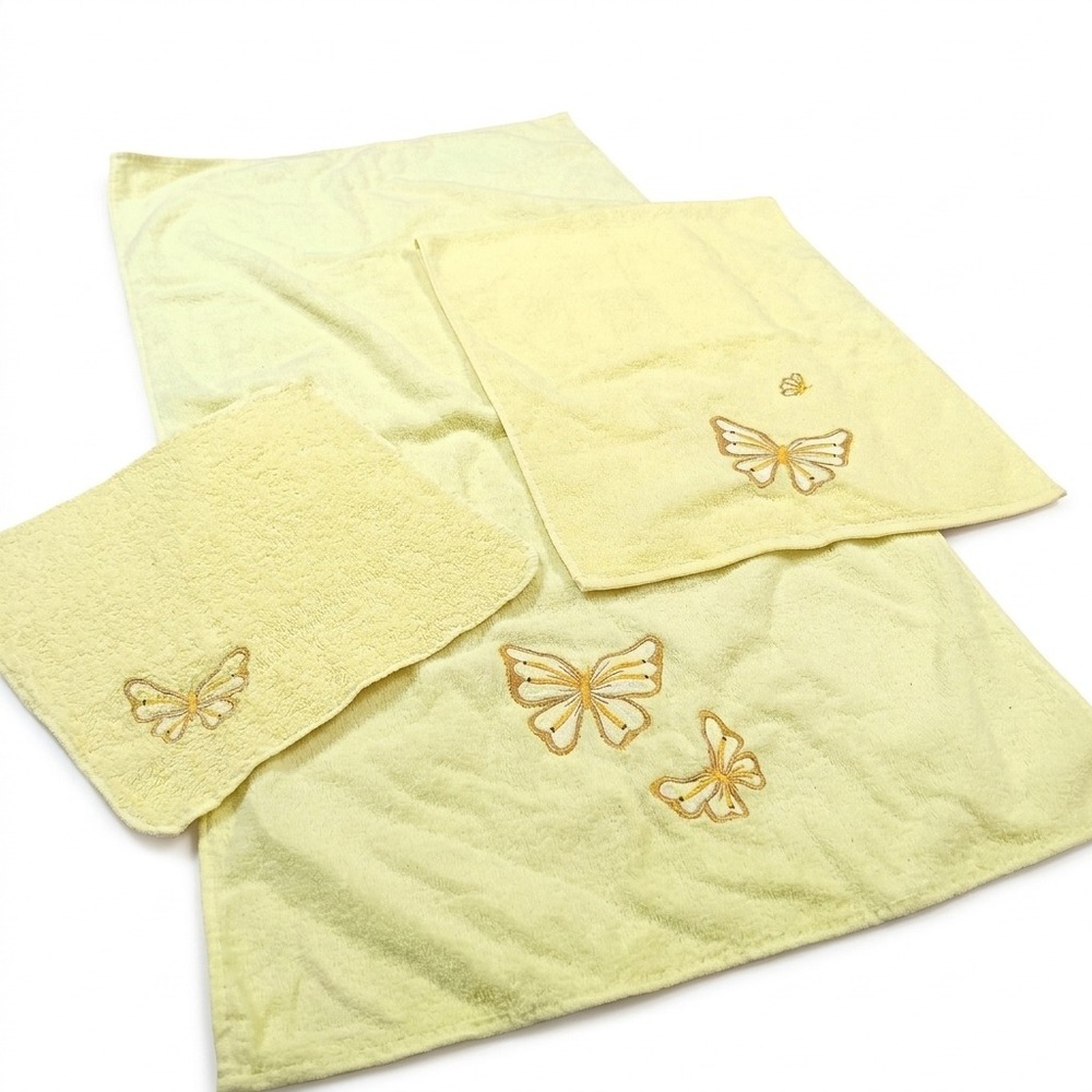 Vintage Yellow Butterfly CANNON Bathroom Towel Set 3 Pieces Made in USA Retro